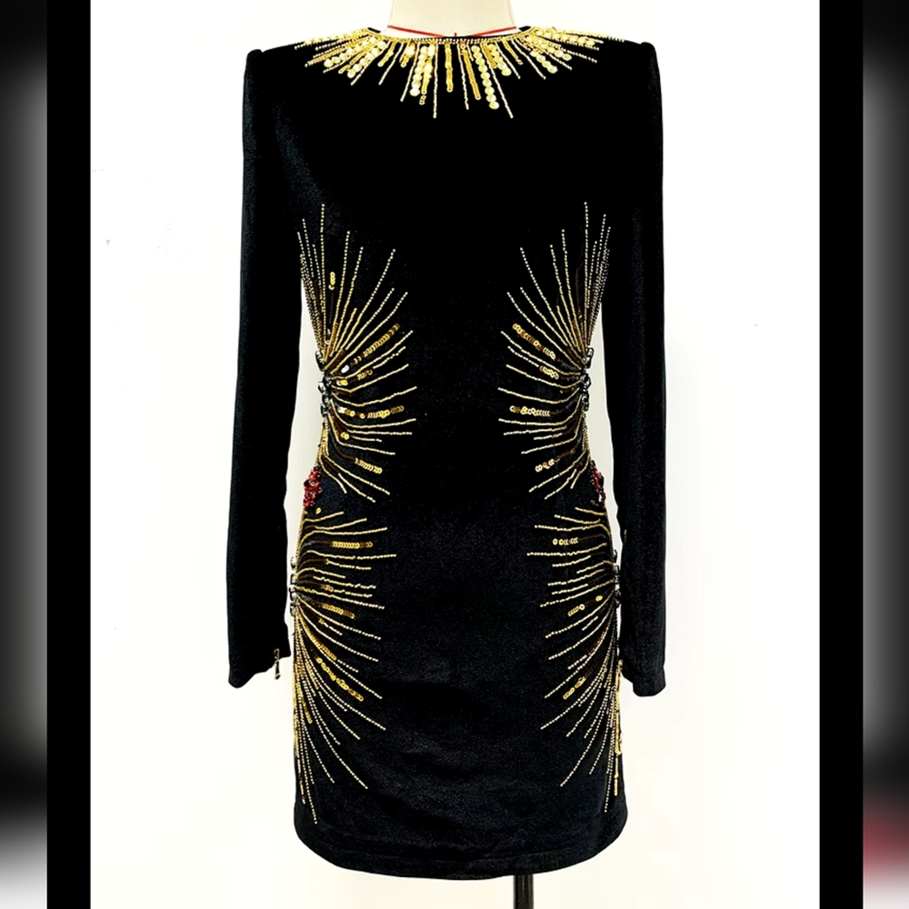 Women's Long Sleeve Stunning Sequined Rhinestone  Beaded Velvet Dress - Picture 2 of 11